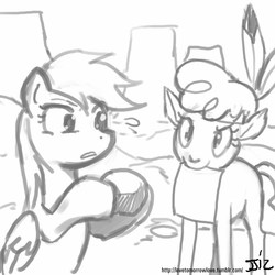Size: 805x805 | Tagged: safe, artist:johnjoseco, little strongheart, rainbow dash, bison, buffalo, pegasus, pony, g4, duo, female, grayscale, hoof hold, mare, monochrome, mouth hold, paper, simple background, sketch, white background