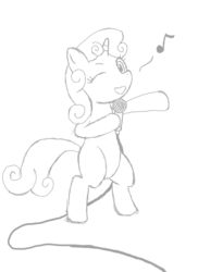 Size: 576x792 | Tagged: safe, artist:cujo-the-cat, sweetie belle, pony, g4, bipedal, female, microphone, monochrome, solo, wink