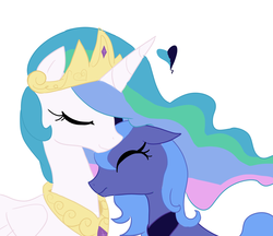 Size: 5616x4850 | Tagged: safe, artist:yummyraccoon, princess celestia, princess luna, alicorn, pony, g4, absurd resolution, eyes closed, floppy ears, frown, heart, neck nuzzle, nuzzling, royal sisters, s1 luna, simple background, sisters, smiling