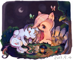 Size: 664x550 | Tagged: safe, artist:chi-hayu, angel bunny, fluttershy, rainbow dash, butterfly, pegasus, pony, rabbit, squirrel, g4, eyes closed, female, mare, moon, night, open mouth, smiling, tree