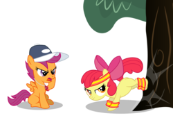 Size: 2000x1363 | Tagged: safe, artist:masem, apple bloom, scootaloo, earth pony, pegasus, pony, g4, apple bloom's bow, applebucking, blank flank, bow, bucking, coach scootaloo, coaching cap, coaching whistle, duo, female, filly, foal, hair bow, hat, headband, open mouth, rainbow dashs coaching whistle, simple background, sitting, spread wings, sweatband, transparent background, tree, vector, whistle, whistle necklace, wings