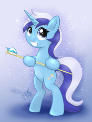 Size: 900x1200 | Tagged: safe, artist:joakaha, minuette, pony, unicorn, g4, bipedal, female, grin, hoof hold, smiling, solo, toothbrush