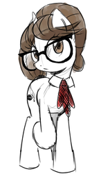 Size: 350x600 | Tagged: safe, artist:30clock, raven, pony, unicorn, g4, colored sketch, female, glasses, looking at you, mare, necktie, pixiv, simple background, sketch, solo, white background