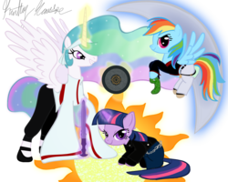 Size: 720x576 | Tagged: safe, artist:kathyhauser, princess celestia, rainbow dash, twilight sparkle, g4, chizuru kagura, cosplay, crossover, iori yagami, king of fighters, kyo kusanagi, simple background, snk, transparent background