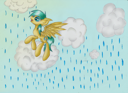 Size: 1024x745 | Tagged: safe, artist:catkotek, artist:redclever, sunshower raindrops, g4, cloud, cloudy, female, rain, solo