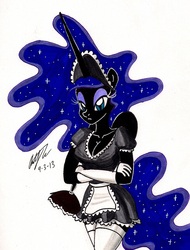 Size: 1178x1551 | Tagged: safe, artist:newyorkx3, nightmare moon, anthro, g4, breasts, cleavage, clothes, female, maid, maidmare moon, solo, stupid sexy nightmare moon, traditional art
