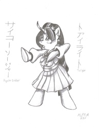 Size: 2532x3276 | Tagged: safe, artist:xcesskinavira, twilight sparkle, pony, g4, athena asamiya, bipedal, cosplay, crossover, female, japanese, king of fighters, monochrome, psycho soldiers, sketch, snk, solo, traditional art