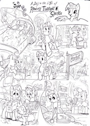 Size: 2508x3504 | Tagged: safe, artist:jowyb, doctor whooves, lyra heartstrings, owlowiscious, spike, time turner, twilight sparkle, alicorn, pony, comic:a day in equestria for twily, g4, apron, bed mane, black and white, book, bowing, brushie, clothes, comic, eating, female, food, grayscale, lineart, list, magic, mare, monochrome, saddle bag, sandwich, toothbrush, traditional art, twilight sparkle (alicorn), vegetables
