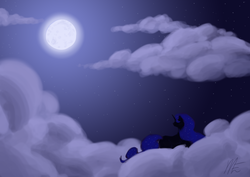 Size: 3508x2480 | Tagged: safe, artist:telanore, princess luna, alicorn, pony, g4, cloud, cloudy, female, moon, solo, stars