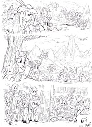Size: 2501x3445 | Tagged: safe, artist:jowyb, angel bunny, applejack, derpy hooves, fluttershy, mayor mare, pinkie pie, rainbow dash, rarity, spike, twilight sparkle, alicorn, dragon, earth pony, frog, pegasus, pony, unicorn, a day in the life, black and white, book, cap, color requested, comic, facehoof, female, flying, frisbee, frown, glasses, glowing horn, grayscale, hat, lineart, magic, male, mane seven, mane six, mare, monochrome, mud, pond, saddle bag, sewing, swamp, telekinesis, traditional art, twilight sparkle (alicorn), water, wet mane