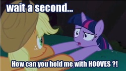 Size: 732x414 | Tagged: safe, edit, edited screencap, screencap, applejack, twilight sparkle, friendship is magic, g4, dexterous hooves, everfree forest, fridge logic, holding, holding hooves, hooves, image macro, logic, needs more jpeg, realization, shock, shocked, sudden realization, wtf