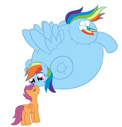 Size: 1234x1280 | Tagged: safe, artist:8aerondight8, rainbow dash, scootaloo, pegasus, pony, g4, belly, big belly, butt, female, filly, inflation, kiss inflation, kiss on the lips, kissing, lesbian, mare, plot, pseudoincest, rainblimp dash, ship:scootadash, shipping, siblings, simple background, spherical inflation, white background