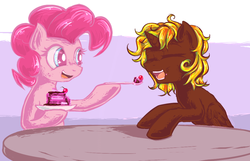 Size: 1045x674 | Tagged: safe, artist:equie, pinkie pie, oc, oc:equie, g4, feeding, spoon