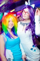 Size: 678x1024 | Tagged: safe, artist:blackdema, artist:hiems214, rainbow dash, rarity, human, g4, cosplay, glasses, irl, irl human, photo