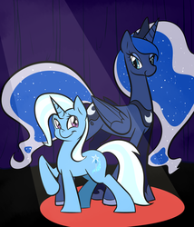 Size: 3000x3500 | Tagged: safe, artist:graphic-lee, princess luna, trixie, g4, stage