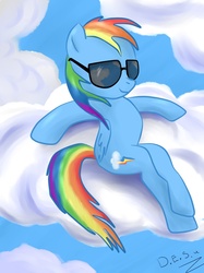 Size: 774x1033 | Tagged: safe, artist:blackdema, rainbow dash, pegasus, pony, g4, cloud, cloudy, female, on a cloud, sitting, solo, sunglasses