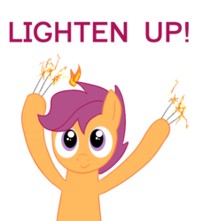 Size: 761x835 | Tagged: safe, artist:saipy, scootaloo, g4, female, fire, image macro, solo, sparkler (firework), text