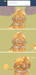 Size: 900x1841 | Tagged: safe, artist:weasselk, braeburn, little strongheart, bison, buffalo, pony, anthro, ask strongheart, g4, angry, big breasts, big strongheart, breasts, busty little strongheart, cheeky, comic, female, huge breasts, impossibly large breasts, male, muscles, ship:braeheart, shipping, straight, strong fat, thumbs up, tumblr