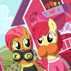 Size: 1200x1200 | Tagged: safe, artist:madmax, apple bloom, babs seed, pony, g4, bipedal, boxer, boxing, boxing gloves, clothes, cousins, duo, shorts, sweet apple acres