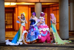 Size: 1200x801 | Tagged: safe, artist:dust-bunny, artist:flying-fox, fluttershy, pinkie pie, rainbow dash, twilight sparkle, human, g4, clothes, cosplay, dress, gala dress, irl, irl human, otakon, otakon 2013, photo