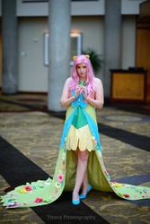 Size: 815x1221 | Tagged: safe, artist:flying-fox, fluttershy, human, g4, clothes, cosplay, dress, gala dress, irl, irl human, photo, solo