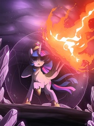 Size: 900x1204 | Tagged: safe, artist:ruhje, twilight sparkle, alicorn, pony, g4, crystal, female, fight, fire, force field, magic, mare, princess shoes, solo, twilight sparkle (alicorn)