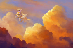 Size: 2500x1667 | Tagged: safe, artist:ajvl, derpy hooves, dinky hooves, pegasus, pony, g4, cloud, duo, equestria's best mother, female, flying, mare, smiling, spread wings, wings