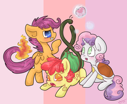 Size: 1100x900 | Tagged: safe, artist:otterlore, apple bloom, scootaloo, sweetie belle, bulbasaur, charmander, squirtle, g4, :o, apple, blushing, clothes, costume, crossover, cute, cutie mark crusaders, fire, grin, magic, pokefied, pokémon, shell, sitting, smiling, smirk, species swap, telekinesis, vine