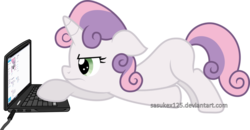 Size: 1240x644 | Tagged: safe, artist:sasukex125, sweetie belle, pony, unicorn, g4, female, filly, foal, laptop computer, simple background, skype, solo, transparent background