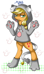 Size: 600x1000 | Tagged: safe, artist:caiyunlai, applejack, cat, pony, g4, applecat, bipedal, clothes, female, pajamas, paw pads, pixiv, solo, tongue out