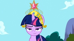 Size: 1280x719 | Tagged: safe, screencap, twilight sparkle, g4, keep calm and flutter on, big crown thingy, crown, element of magic, female, lidded eyes, out of context, solo