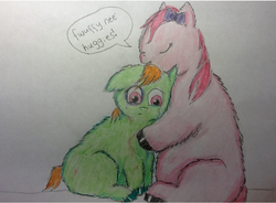 Size: 922x677 | Tagged: safe, artist:waggytail, fluffy pony, crying, fluffy pony original art, hug