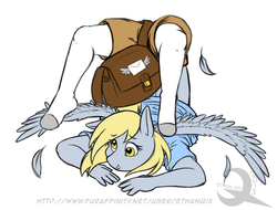 Size: 600x457 | Tagged: safe, artist:ethanqix, edit, derpy hooves, anthro, unguligrade anthro, g4, bag, clothes, clumsy, colored, female, hoof feet, mail, mailbag, mailmare, socks, solo, upside down