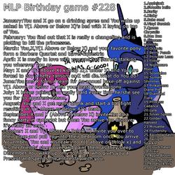 Size: 2000x2000 | Tagged: safe, applejack, berry punch, berryshine, derpy hooves, dinky hooves, fluttershy, nightmare moon, pinkie pie, princess luna, queen chrysalis, rainbow dash, rarity, sunset shimmer, sweetie belle, twilight sparkle, g4, birthday game, exploitable meme, pinkamena diane pie, text