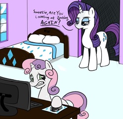 Size: 750x725 | Tagged: safe, artist:midnight-wizard, rarity, sweetie belle, g4, bedroom, caught, computer, door, eyeshadow, female, implied porn, lesbian, unamused