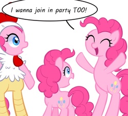 Size: 550x500 | Tagged: safe, artist:apzzang, pinkie pie, g4, animal costume, ask-grow-pinkie, chicken pie, chicken suit, clothes, costume, female, filly, filly pinkie pie, multeity, self ponidox, younger