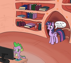 Size: 1280x1129 | Tagged: safe, artist:midnight-wizard, spike, twilight sparkle, alicorn, dragon, pony, g4, caught, computer, fangs, female, golden oaks library, implied porn, library, lip bite, looking back, male, mare, raised eyebrow, smiling, speech bubble, straight, twilight sparkle (alicorn)