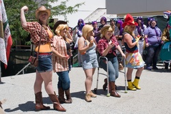 Size: 1080x720 | Tagged: artist needed, safe, artist:meanlilkitty, applejack, human, g4, suited for success, cosplay, fanimecon, group photo, irl, irl human, photo