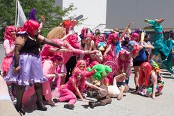 Size: 1080x720 | Tagged: artist needed, safe, crackle, pinkie pie, dragon, human, .mov, fanfic:cupcakes, g4, cosplay, fanimecon, group photo, irl, irl human, multeity, photo, saloon pinkie, too much pink energy is dangerous