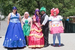 Size: 1080x720 | Tagged: artist needed, safe, fluttershy, pinkie pie, rarity, spike, twilight sparkle, human, g4, clothes, cosplay, dress, fanimecon, gala dress, irl, irl human, photo