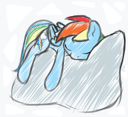 Size: 561x514 | Tagged: source needed, safe, artist:mostazathy, rainbow dash, pegasus, pony, g4, abstract background, cute, dashabetes, eyes closed, female, folded wings, lying down, mare, pillow, prone, signature, sleeping, solo, wings