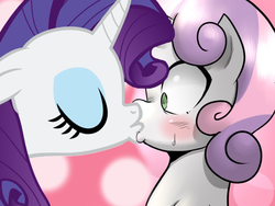 Size: 800x600 | Tagged: safe, edit, rarity, sweetie belle, pony, unicorn, g4, belle sisters, blushing, female, filly, foal, incest, kiss on the lips, kissing, lesbian, mare, ship:raribelle, shipping, sweatdrop