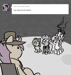 Size: 666x700 | Tagged: safe, artist:alskylark, princess luna, scootaloo, sweetie belle, oc, oc:vine leaf, pony, unicorn, scootalootheadventurer, g4, ask, filly, horn, monochrome, moon, rocket, tumblr, woona