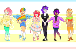 Size: 1024x663 | Tagged: safe, artist:bear-princess, applejack, fluttershy, pinkie pie, rainbow dash, rarity, twilight sparkle, human, g4, >:p, alternate hairstyle, applejack's hat, beret, boots, bow, bucktooth, clothes, converse, cowboy hat, dark skin, diverse body types, dress, ear piercing, earring, eyeshadow, fashion, female, freckles, galaxy leggings, glasses, gradient leggings, gradient socks, group, hair bow, hand on hip, hat, hipster, humanized, jewelry, light skin, line-up, lolita fashion, looking at you, makeup, mane six, midriff, necklace, off shoulder, piercing, scarf, sextet, shoes, short hair, short hair rainbow dash, short hair twilight sparkle, shorts, sneakers, socks, spiked headband, sweater, thick eyebrows, tongue out, tongue piercing, twilight sparkle (alicorn), winged humanization, winged shoes