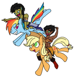 Size: 412x423 | Tagged: safe, artist:wryte, applejack, rainbow dash, oc, oc:saeris, human, orc, g4, crossover, riding, shaman, warcraft, warrior, world of warcraft