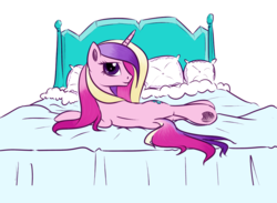 Size: 995x728 | Tagged: safe, artist:xioade, princess cadance, pony, unicorn, g4, bed, bedroom eyes, butt, female, looking at you, looking back, looking back at you, lying down, lying on bed, mare, on bed, plot, simple background, solo, transparent background, underhoof, unicorn cadance