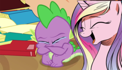 Size: 890x508 | Tagged: safe, idw, princess cadance, spike, alicorn, dragon, pony, dragon quest, g4, my little pony: friendship is magic, season 2, cadance laughs at your misery, crying, duo, duo male and female, exploitable meme, female, golden oaks library, male, meme, now you fucked up, poor spike, spikeabuse, wingless spike