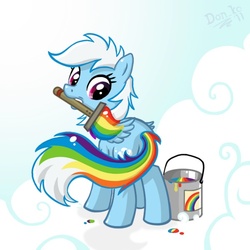 Size: 600x600 | Tagged: safe, artist:don-ko, rainbow dash, pegasus, pony, g4, artifact, butt, cloud, colorless dash, dye, dyed tail, exploitable meme, female, hair dye, looking back, mare, meme, mouth hold, not fleetfoot, on a cloud, paint, paint bucket, paint on fur, paintbrush, painting, plot, rainbow paint, rainbow tail, rainbow-less dash, secret, signature, solo, that explains everything, white hair, white mane