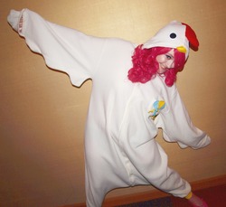 Size: 1280x1170 | Tagged: safe, artist:charmsandpandas, pinkie pie, human, g4, animal costume, chicken pie, chicken suit, clothes, cosplay, costume, irl, irl human, kigurumi, onesie, photo, solo, tekkoshocon