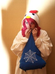 Size: 1280x1707 | Tagged: safe, artist:charmsandpandas, pinkie pie, human, g4, animal costume, chicken pie, chicken suit, clothes, cosplay, costume, irl, irl human, kigurumi, photo, solo